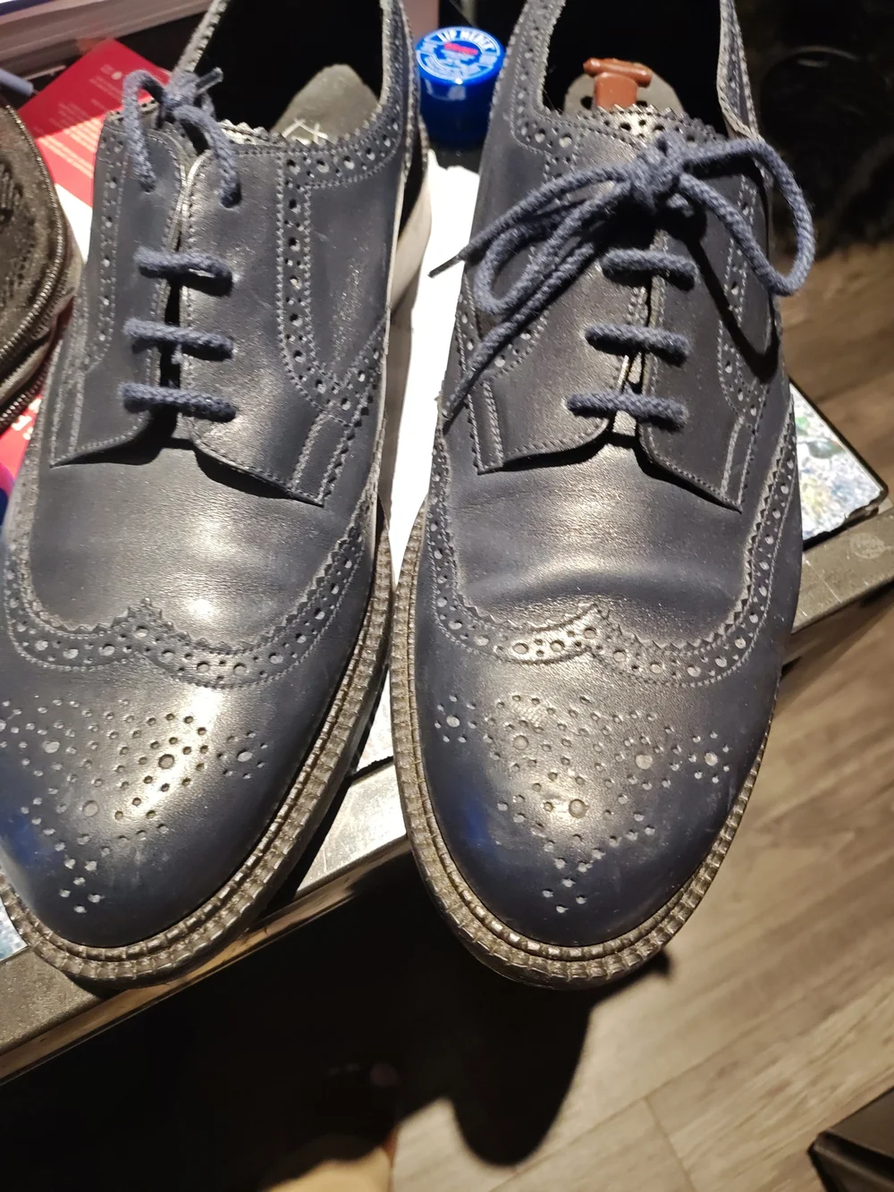 Men's Navy Leather Wingtip Derby Shoes - Classic Brogue Finish